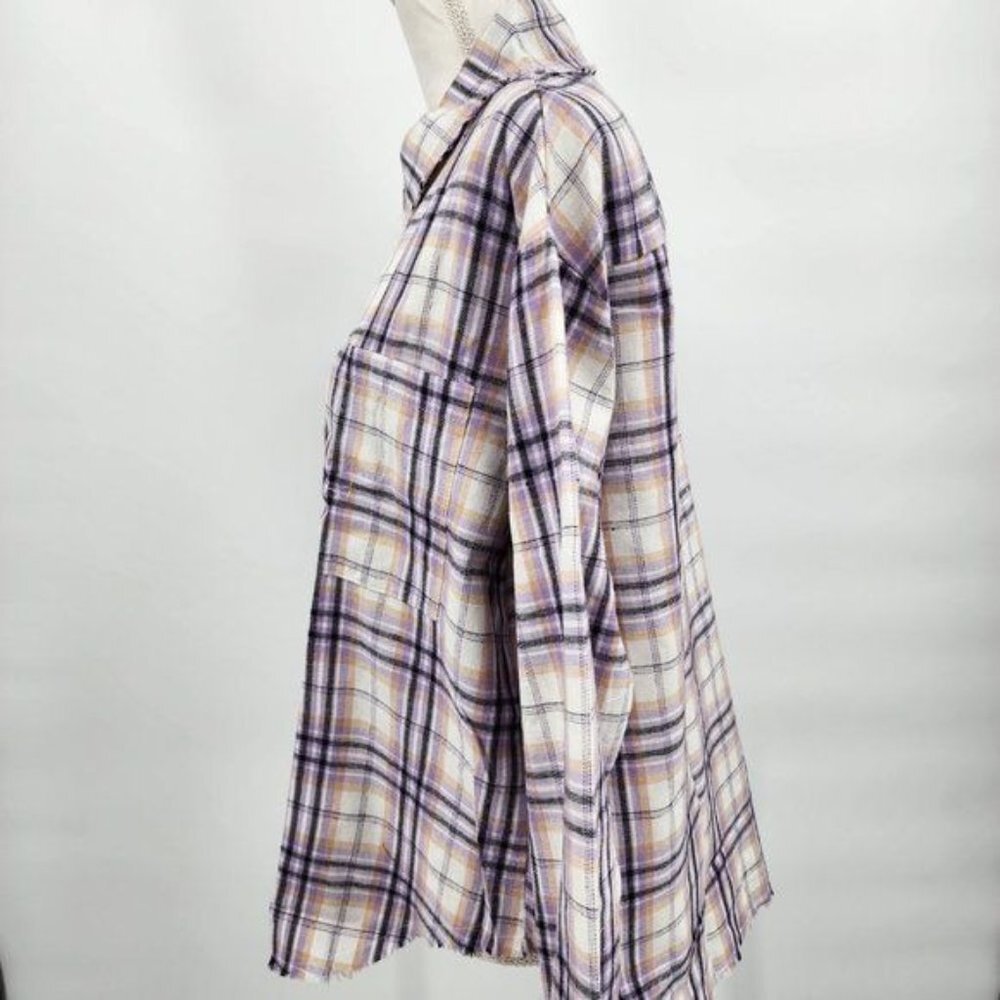 VEVERET Plaid Button Down Long Sleeve Raw Hem Shacket Shirt Lavender M & L NWT - Picture 12 of 16